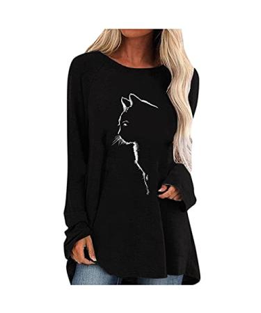 Women Long Sleeve Tshirt Tops Trendy Cat Print Cute Crewneck Sweatshirt Summer Casual Oversize Loose Fit Tunic Blouses X-Large A01black