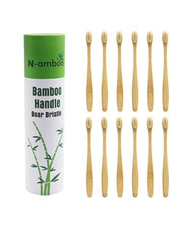 N-amboo Boar Bristles Natural Bamboo Toothbrush Eco-Friendly Biodegradable Zero Waste Pack of 12