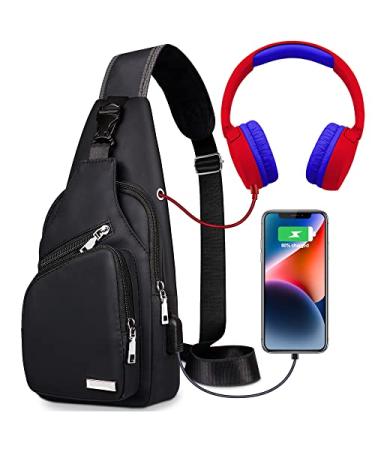 redaica Sling Bag for Women Mens Crossbody Bag, Chest Bag Sling Backpack with USB Charging Port for Walking Hiking Black