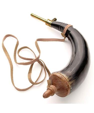 Windlass Gun Powder Horn with Spring Loaded Brass Dispenser, Hand Carved Cap, Leather Strap, Black Powder Holder
