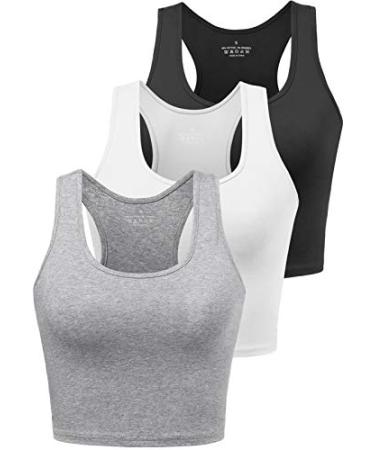 Sports Crop Tank Tops for Women Cropped Workout Tops Racerback Running Yoga Tanks Cotton Sleeveless Gym Shirts 3 Pack Black White Grey Medium