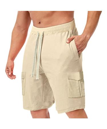 Mens Summer Solid Color Pants Drawstring Pocket Shorts Drawstring Summer Workout Shorts Inseam Elastic Waist Al4-khaki Large