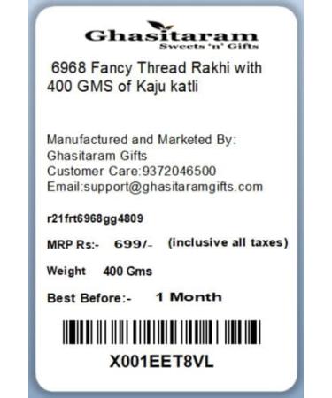 Ghasitaram Gifts Rakhi for Brother Rakhis Online - 6968 Fancy Thread Rakhi with 400 GMS of Kaju katli - Buy Online on GoSupps.com
