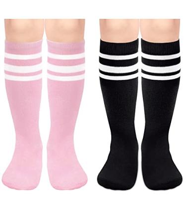 Olreco Toddler Soccer Socks Boys Girls Soccer Socks Kids Knee High Socks for Toddler Girls Toddler Tube Socks with Stripes 3-6 Years 2 Pack Black/White Pink/White