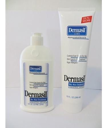 Set of 2 Dermasil Labs 8 Fl Oz. Dry Skin Treament Lotion & 10 Fl Oz Tube Controls Sever Dry Skin Hypo Allergenic for Children & Adults