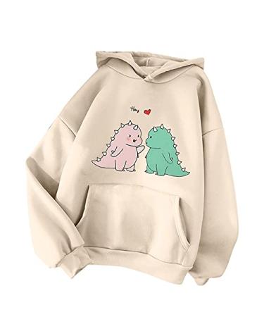 Hemlock Women Teen Girls Hoodies Cute Dinosaur Frog Sweatshirts Autumn Hooded Pullover Sweater Pocket Tops 3-beige Large