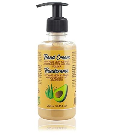 100% natural hand cream for cracked dry hands for men and women.With aloe vera avocado chamomile and gold powder.Free of parabens and cruelty 250 ml.