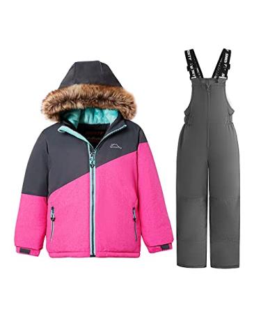 SMONTY Kids Snow Suit for Girls Winter Ski Jacket & Pants Set Hooded Straps Set Windproof Waterproof Warm Gray and Pink 8