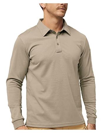 MIER Men's Outdoor Performance Tactical Polo Shirts Long and Short Sleeve, Moisture-Wicking, Sun Protection Khaki02- Long Sleeve Large