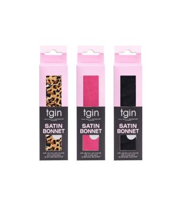 tgin Slip Free Satin Bonnet for Women - Protective - Wavy - Natural Hair - Curly Hair - 3 Pack (Pink Black Leopard Print)