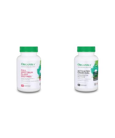 Organika Full Spectrum Plant Enzymes- Helps Break Down Carbs Fat Protein Dairy- 60 vcaps & Activated Charcoal- Homeopathic Charcoal Digestive Support Detox Gas and Bloating Support- 90vcaps