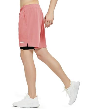 TENJOY Men's 2 in 1 Running Shorts - Quick Dry Gym Athletic Workout Shorts in Light Pink - Medium Size - Buy Online on GoSupps.com