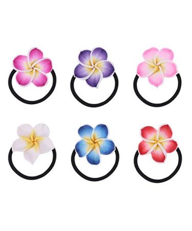 LEORX 12pcs Plumeria Hair Ties Colorful Soft Ceramic Flower Hair Rope Hawaiian Hair Accessories