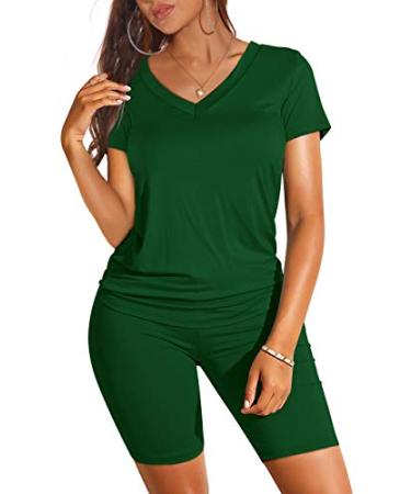 WIHOLL Two Piece Outfits for Women Short Sleeve V Neck Biker Shorts Set 1-green X-Large