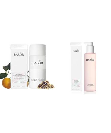 Babor Cleansing Enzymes Cleaner for combination skin oily skin and for impure skin enzymatic cleaning and peeling powder with vitamin C 1 x 40 g market launch 2023 bundle with rose toner