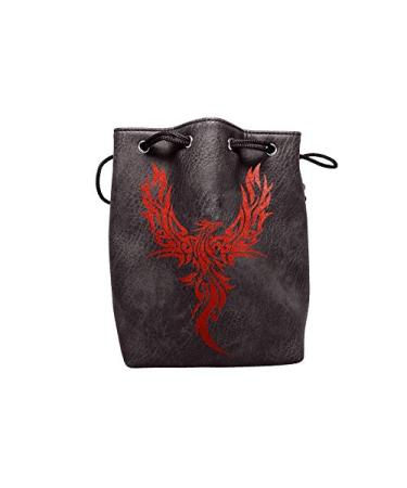 Black Leather Lite Large Dice Bag with Phoenix Design - Black Faux Leather Exterior with Lined Interior - Stands Up on its Own and Holds 400 16mm Polyhedral Dice
