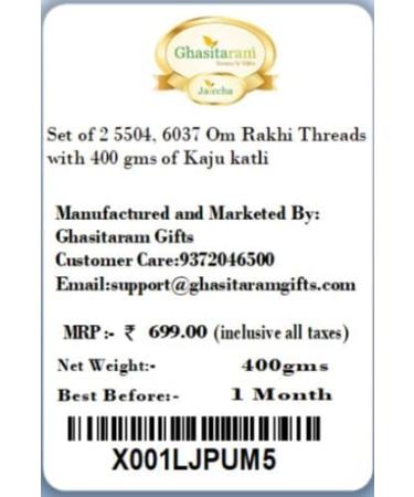 Ghasitaram Gifts Rakhi for Brother Rakhis Online - Set of 2 5504 6037 Om Rakhi Threads with 400 GMS of Kaju katli - Buy Online on GoSupps.com