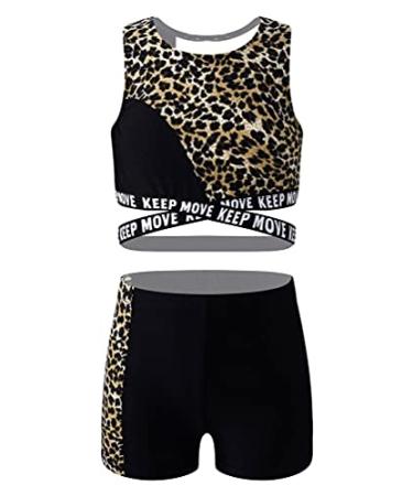 dPois Kids Girls' Dance Gymnastics Two-Pieces Outfits Racerback Tank Top with Shorts Bottoms Workout Tracksuit Set Leopard 6