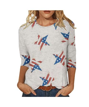 4Th of July Shirts for Womens Summer 3/4 Sleeve Tshirts American Flag Tops Crewneck Tunic Tops Independence Day Tee A06-white X-Large