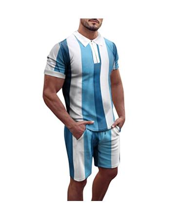 Men's Muscle T-Shirt & Short Sets Fashion Workout Short Sleeve Tee Shirts Summer Jogging Pants 2 Piece Tracksuit Blue-3 Medium