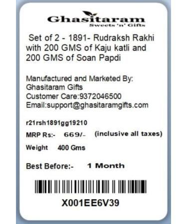 Ghasitaram Gifts Rakhi for Brother Rakhis Online - Set of 2-1891- Rudraksh Rakhi with 200 GMS of Kaju katli and 200 GMS of Soan Papdi - Buy Online on GoSupps.com