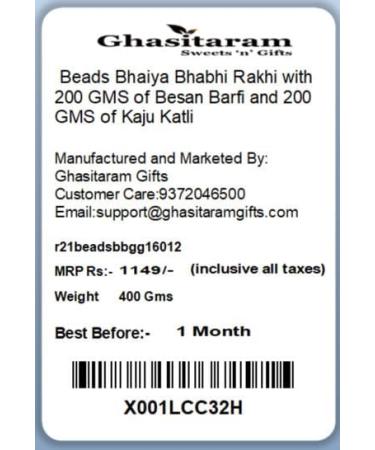 Ghasitaram Gifts Rakhis Online - Rakhi for Brother- Beads Bhaiya Bhabhi Rakhi with 200 GMS of Besan Barfi and 200 GMS of Kaju Katli Rakhi Set with 200 gms of Besan Barfi & Kaju Katli - Buy Online on GoSupps.com