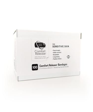Comfort Release  2 x 4 (Box of 100) Sensitive Skin Bandages for Wound Care & First Aid with Painless Removal (When Used as Directed)