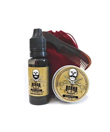 Mens Grooming Set Original Fragrance - Moustache Wax Beard Oil & Pocket Size Beard and Tache Comb Presented in a red Velvet Drawstring Travel Bag