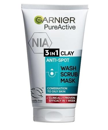 Garnier Pure Active 3in1 Clay Mask Wash Scrub 150ml With Clay Eucalyptus & Salicylic Acid Face Cleanser For Oily Skin