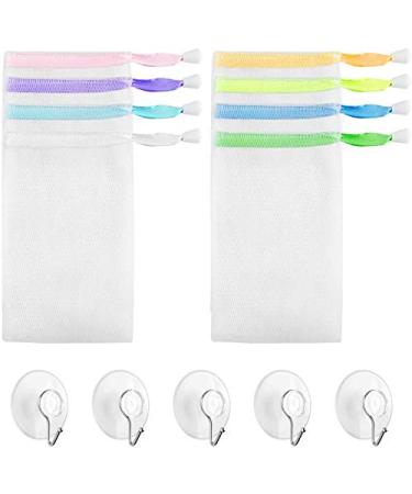 8 Pcs Mesh Soap Net Bag Soap Pouch Saver with Drawstring and 5 Pack Suction Hook Exfoliating Mesh Soap Bag Set for Shower Bath (Random Color 5.9x3.54 Inch)