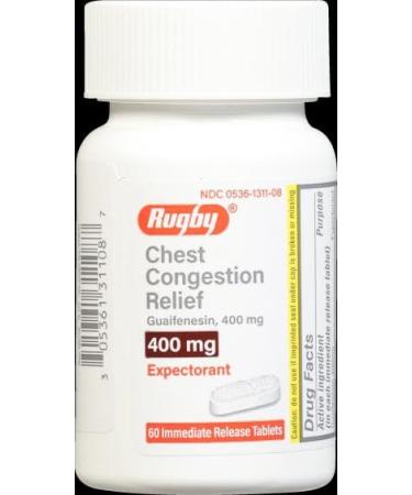 RUGBY LABORATORIES Chest Congestion Relief PE Guaifenesin 400 mg Expectorant Relieves Sinus Helps Loosen Phlegm 60 Immediate Release Tablets (Pack of 1)
