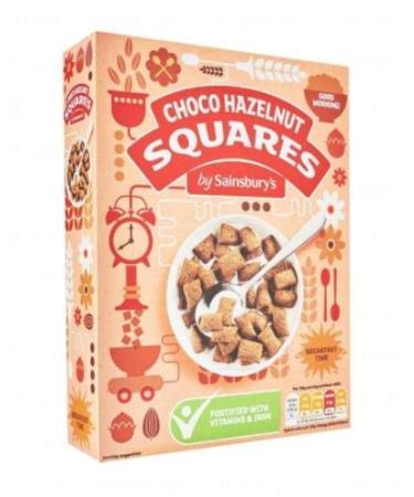 Sainsbury's Choco Hazelnut Cereal Squares 375g – Crunchy cereal pillows with a chocolate and hazelnut flavoured filling, fortified with vitamins and iron