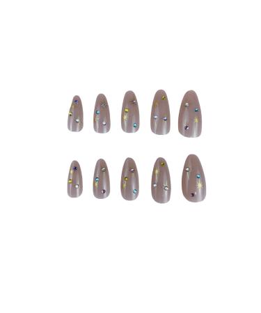Short Almond Press On Nails - Chrome Colorful Star Design with Rhinestones & Glitter - Full Cover Stick On Nude Pink False Nails for Women & Girls - Glitter Acrylic Nail Decorations - Buy Online on GoSupps.com