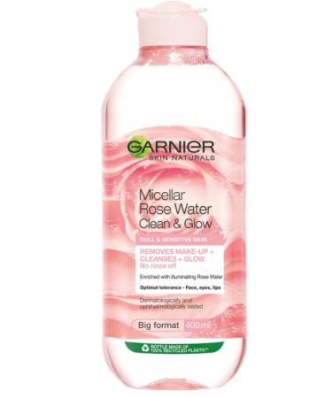 Garnier Micellar Rose Cleansing Water For Dull Skin Glow Boosting Cleanser and Makeup Remover Big Format Optimal Tolerance - Face Eyes Lips 400 ml