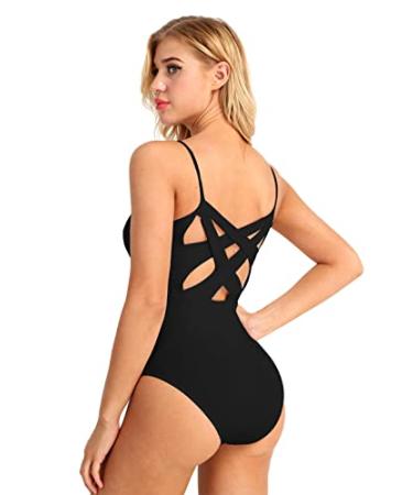 winying Womens Criss Cross Back Built In Shelf Bra Ballet Dance Leotard Gymnastic Bodysuit Dancewear Black Small