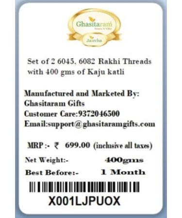 Ghasitaram Gifts Rakhi for Brother Rakhis Online - Set of 2 6045 6082 Rakhi Threads with 400 GMS of Kaju katli - Buy Online on GoSupps.com