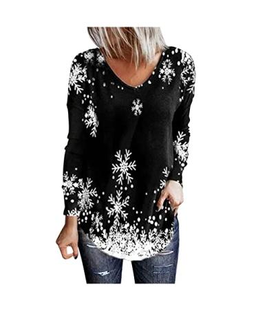 Christmas Red Shirts for Women Long Sleeve Tops Crewneck Sweatshirt Sparkly Snowflake Graphic Tees Loose Fit Pullover Black X-Large