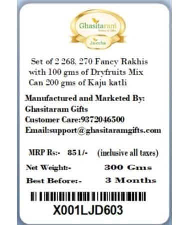 Ghasitaram Gifts Rakhi for Brother Rakhis Online - Set of 2 268 270 Fancy Rakhis with 100 GMS of Dryfruits Mix Can 200 GMS of Kaju katli - Buy Online on GoSupps.com