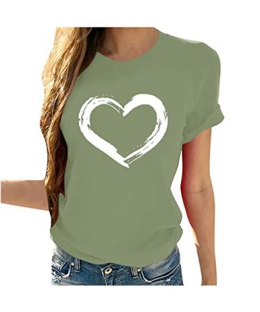 Graphic Tees Shirts for Women Basic Crewneck Short Sleeve Tops Love Pattern Printing T Shirts Casual Blouses Green Medium