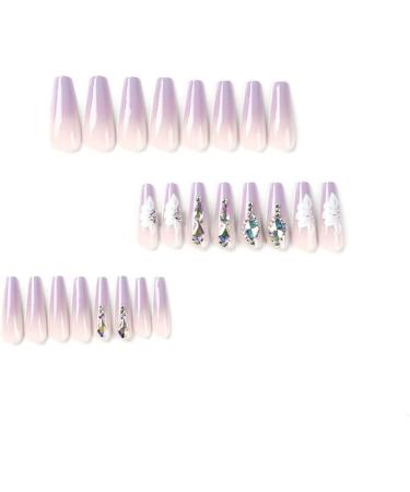 24pcs Light Purple Rhinestone Flower Pattern Long Coffin False Nails - French Fake Nails for Women and Girls - Buy Online on GoSupps.com