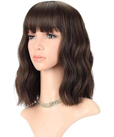 FAELBATY Short Bob Brown Wig with Air Bangs for Women - Curly Wavy Synthetic Cosplay Costume Wig in Natural Black/Dark Brown - 12 Inch - Buy Online on GoSupps.com