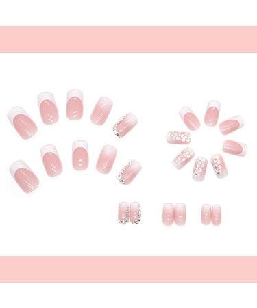 24Pcs French False Nails White Tip - Medium Square Fake Nails French Tip Press on Nails Pink Full Cover False Nails with Rhinestones & Flowers Designs for Women Girls (Flower Design) - Buy Online on GoSupps.com