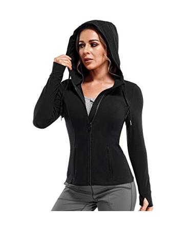 TrainingGirl Women Full Zip Workout Sports Jackets Slim Fit Long Sleeve Yoga Track Hoodie Thumb Hole Athletic Running Jackets Black Medium