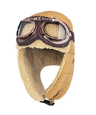 Peicees Vintage Aviator Hat and Goggles Costume Accessories Fur Ear Flaps Trooper Trapper Pilot Cap for Men Women Khaki Hat+copper Frame/Clear Lens