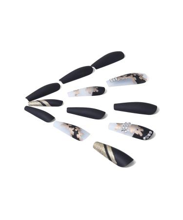 Brishow Black Long Artificial Nails with Gold Butterfly - 24 Ballerina Press-On Acrylic Nails for Women & Girls - Buy Online on GoSupps.com