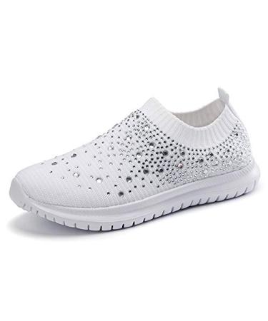 GOSPT Women's Mesh Walking Shoes Rhinestone Glitter Slip On Ballroom Jazz Latin Dance Sock Sneakers 9 White