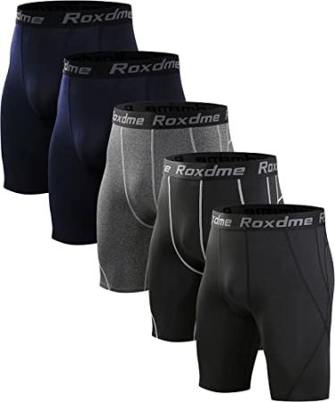 Roxdme 5 Pack Compression Shorts Men Spandex Sport Shorts Athletic Workout Running Tights Performance Underwear Black(2pcs)+navy(2pcs)+gray(1pcs) Medium