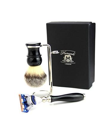 3 Pc Mens Shaving Kit 5 Edge Razor With Synthetic Badger Hair Shaving Brush and Stainless Steel Stand Perfect Set For Men