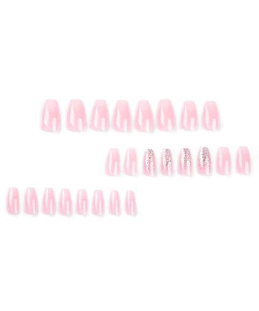 Foccna French Tip Press-On Nails - Medium Gradient Glossy Pink Coffin Nail Tips with Bling | 24PCS Artificial Manicure for Women & Girls - Buy Online on GoSupps.com