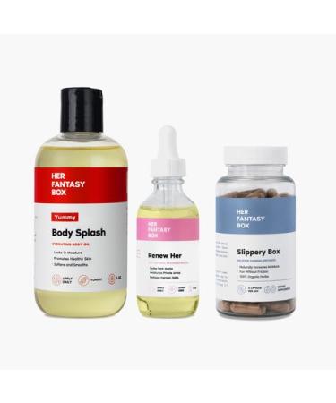 Her Fantasy Box | Moisture Support + Hydration Kit | Slippery Box Capsules Renew Her Oil & Yummy Body Splash Intimate Moisture Skin Nourishment & All-Day Fresh Glow